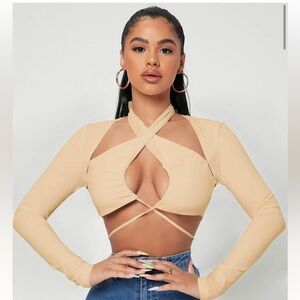 Long sleeve crop top cutout crisscross knot back halter neck